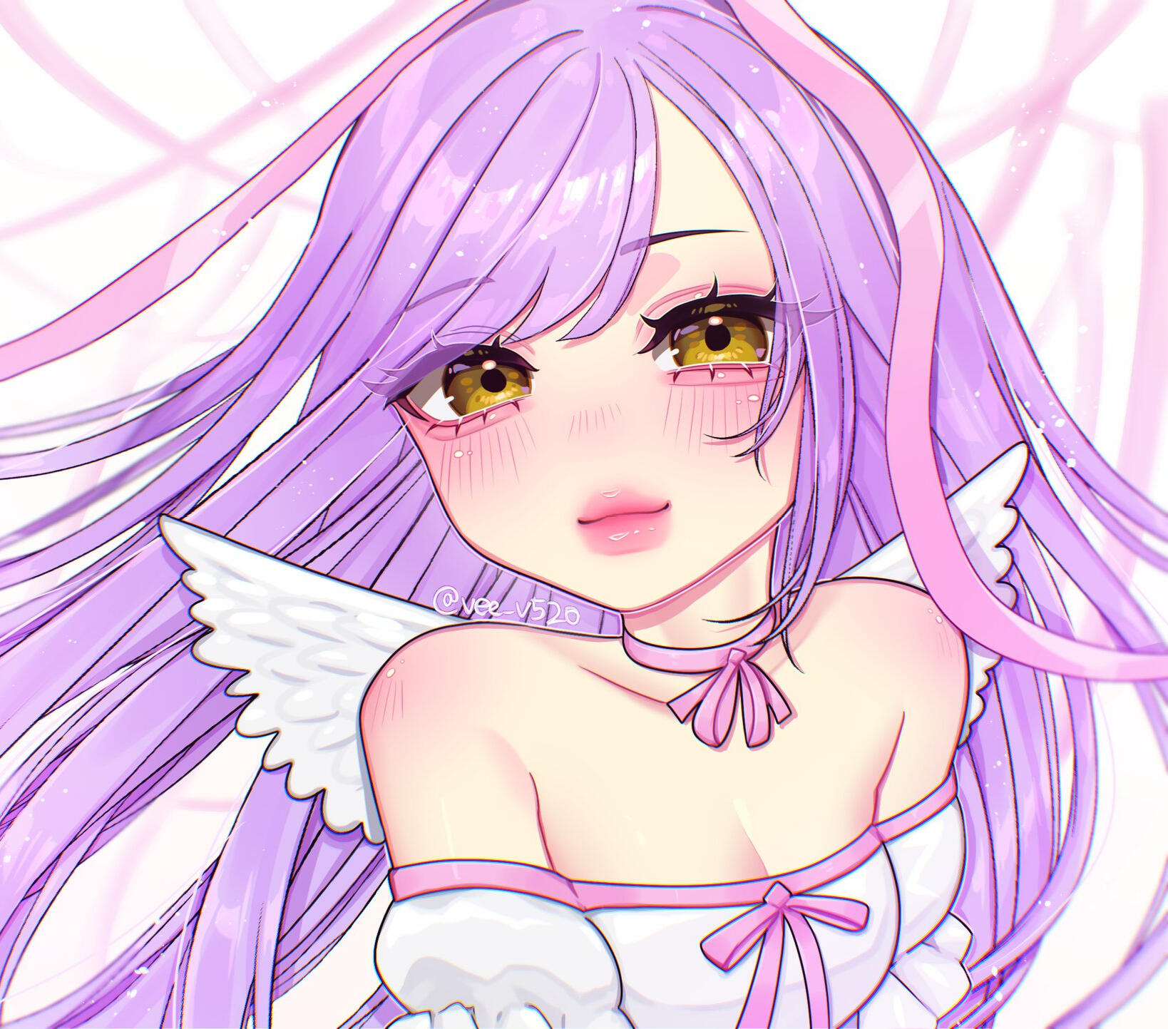 CyberKiki Art Illustration of Dress To Impress Developer, Youtuber and TikToker, CyberKiki in a white dress with pink ribbons, light purple hair and gold eyes.