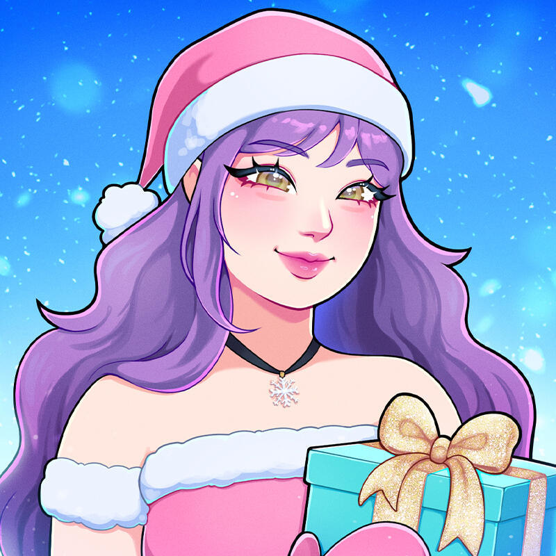 Illustration of Youtuber and TikToker, CyberKiki with purple hair, holding a pride flag and her cat Momo sitting on her shoulder.