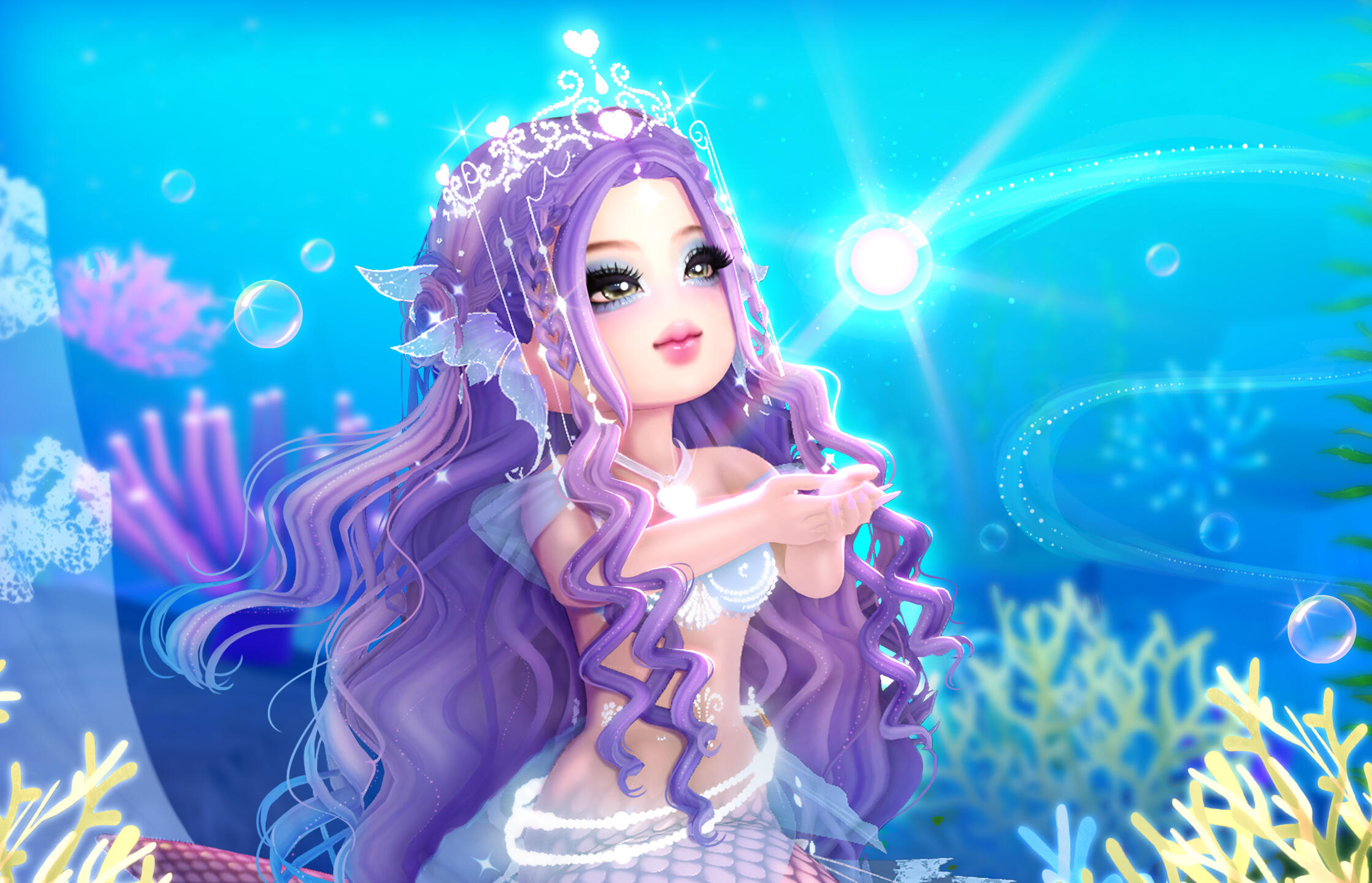 CyberKiki Art Illustration of Dress To Impress Developer, Youtuber and TikToker, CyberKiki in a white dress with pink ribbons, light purple hair and gold eyes.